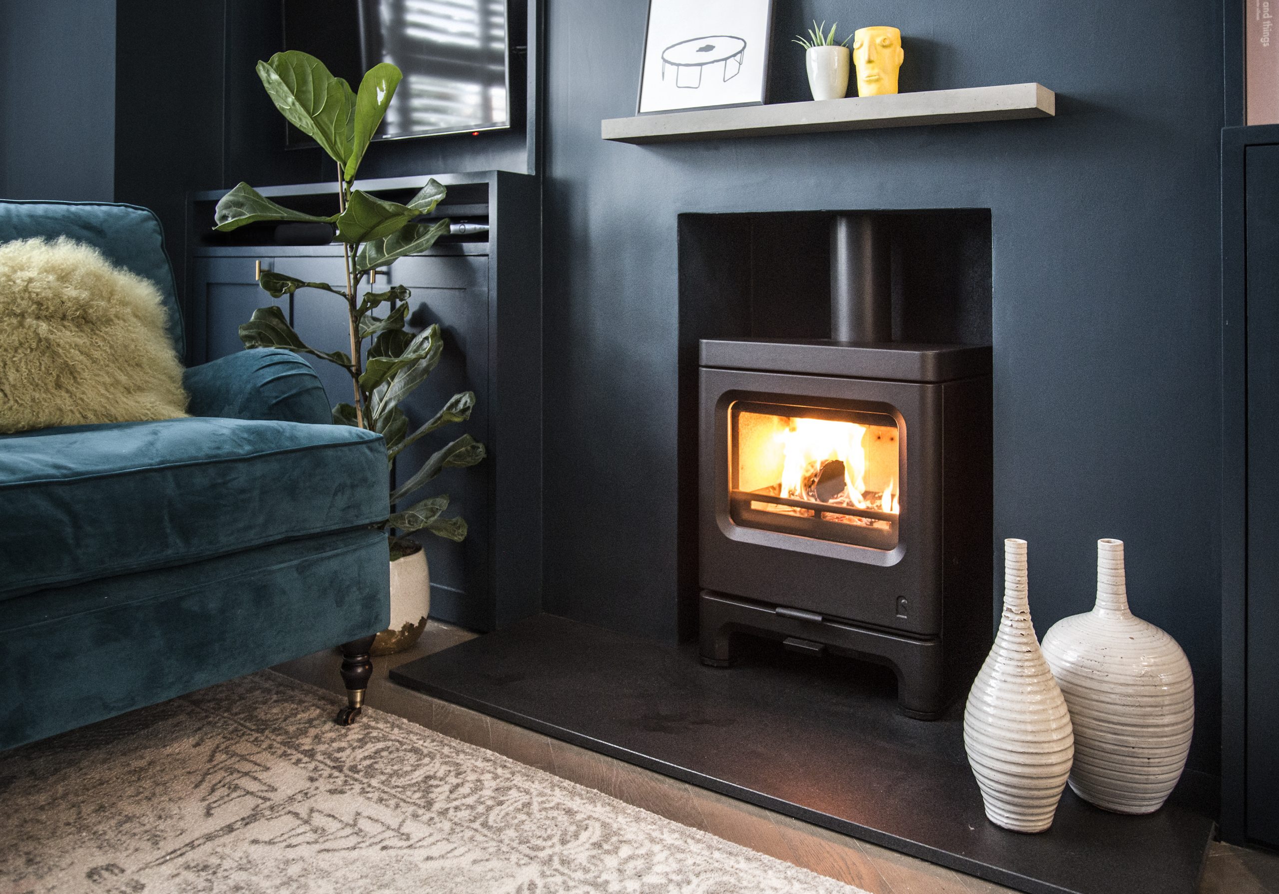 living room with woodstove