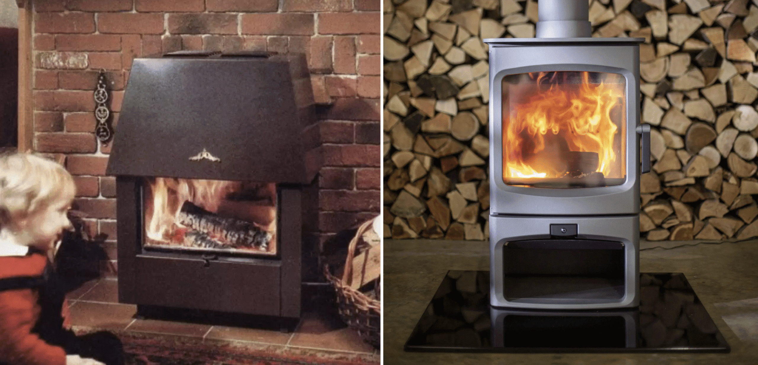 Modern Ecodesign wood-burning stove in a living room, producing low-emission heat